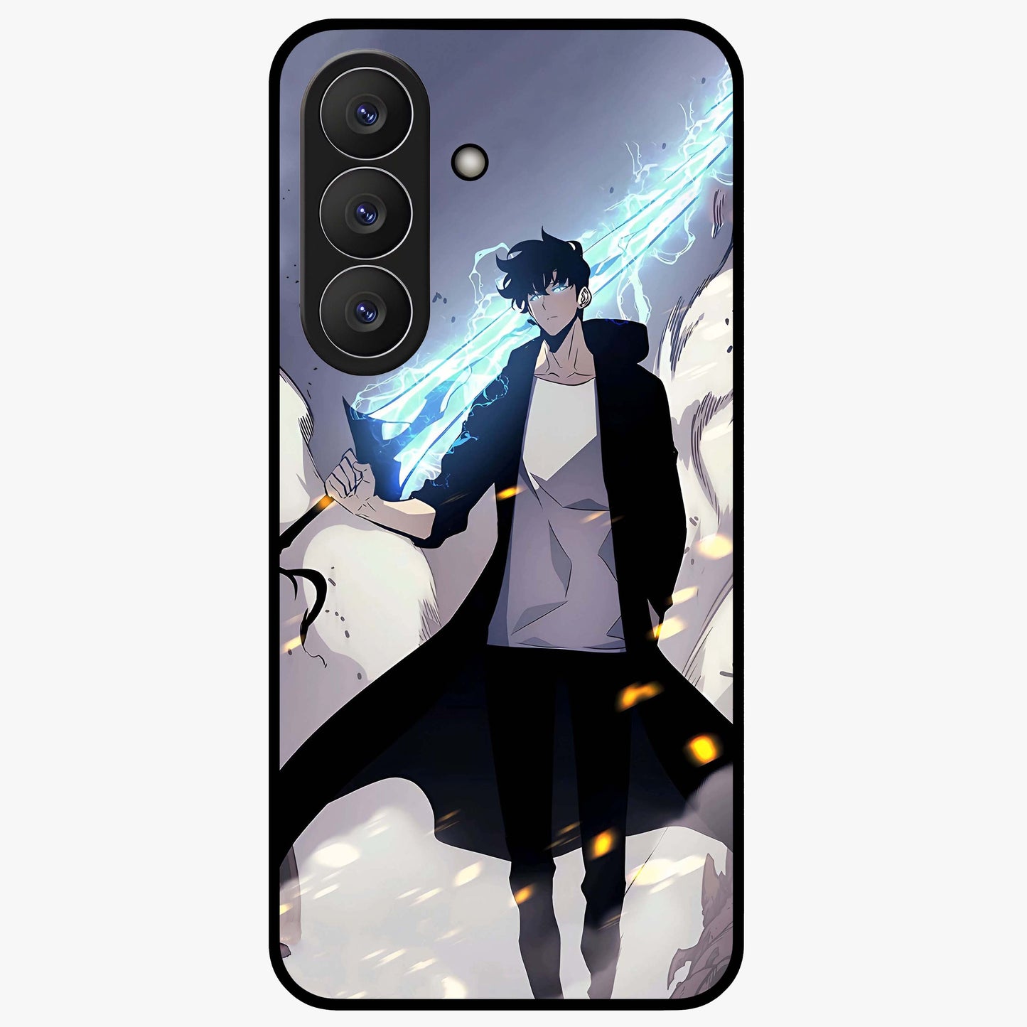 Dark Lightning Anime Warrior Glass Case showing flat back view with intense anime warrior artwork and glossy glass finish.