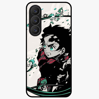 Demon Slayer Glass Case showing flat back view with bold anime inspired artwork and glossy glass finish.
