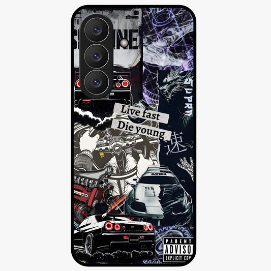 Die Young Glass Case showing flat back view with bold artistic typography design and glossy glass finish.