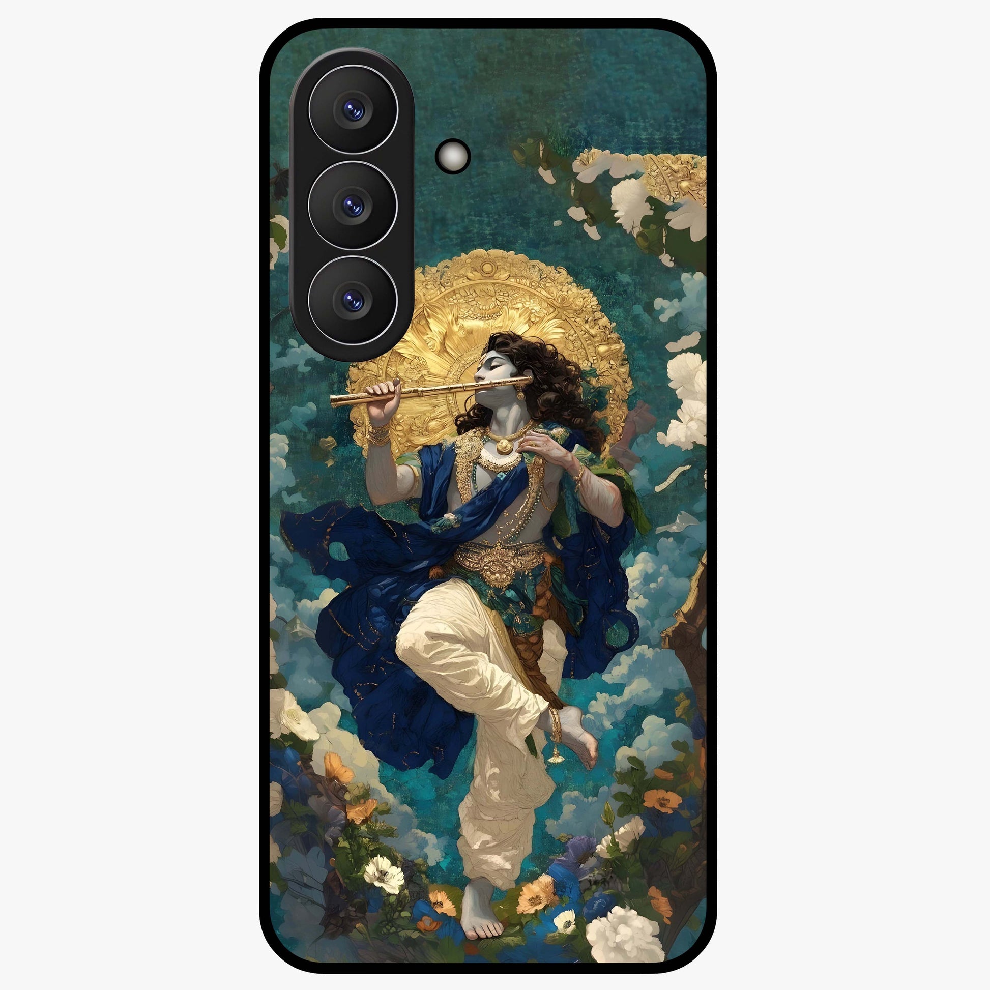 Divine Krishna Art Glass Case showing flat back view with Lord Krishna artwork and glossy glass finish.