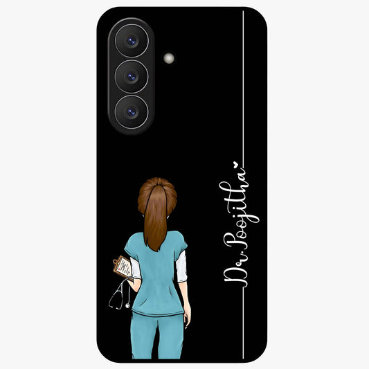 Doctor Pattern Custom Name Glass Case showing flat back view with medical themed pattern and personalized name design.