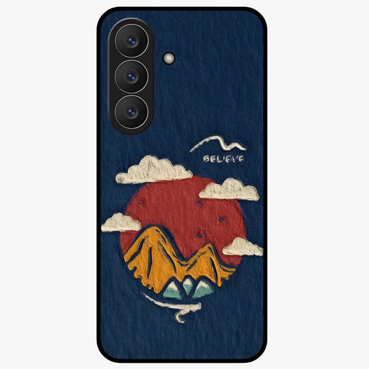 Dream Beyond Mountains Glass Case showing flat back view with scenic mountain landscape artwork and glossy glass finish.