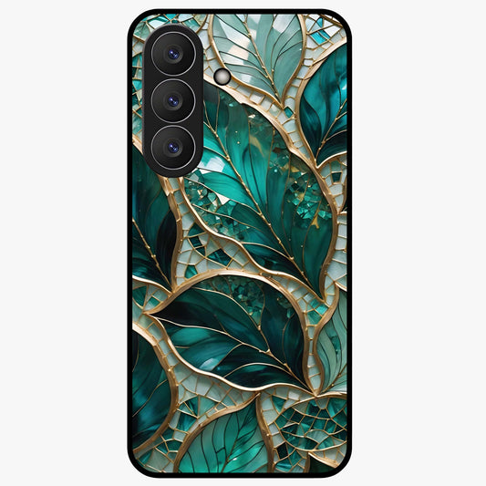 Emerald Leaf Glass Glass Case showing flat back view with emerald green leaf artwork and glossy glass finish.