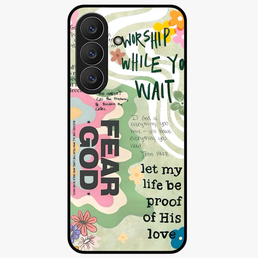 Faith Over Fear Glass Case showing flat back view with motivational typography artwork and glossy glass finish.