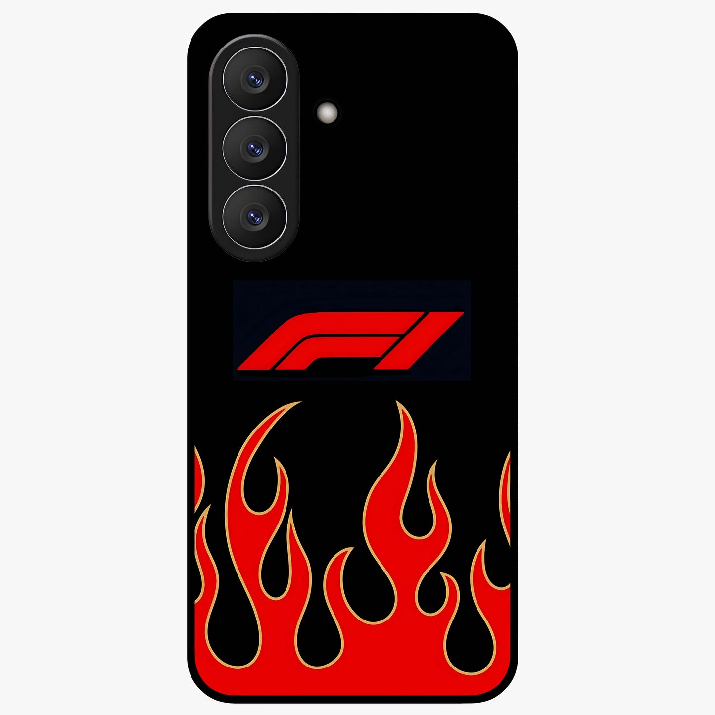 Fire F11 Glass Case showing flat back view with fiery themed artwork and glossy glass finish.