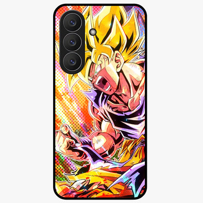 Firing Goku Glass Case showing flat back view with powerful anime inspired artwork and glossy glass finish.
