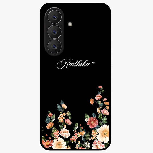 Floral Design With a Custom Personalized Name Glass Case showing flat back view with floral artwork and personalized name design.