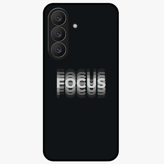 Focus Mode On Glass Case showing flat back view with bold motivational typography design and glossy glass finish.