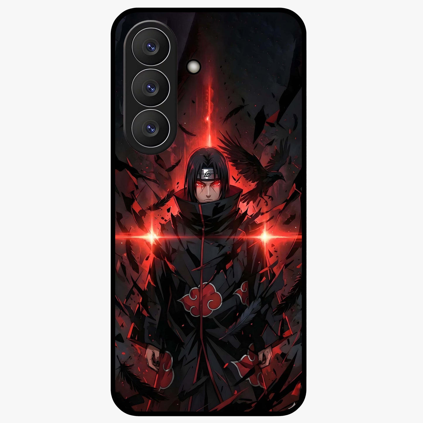 Focused Blade Discipline Glass Case showing flat back view with warrior sword themed artwork and glossy glass finish.