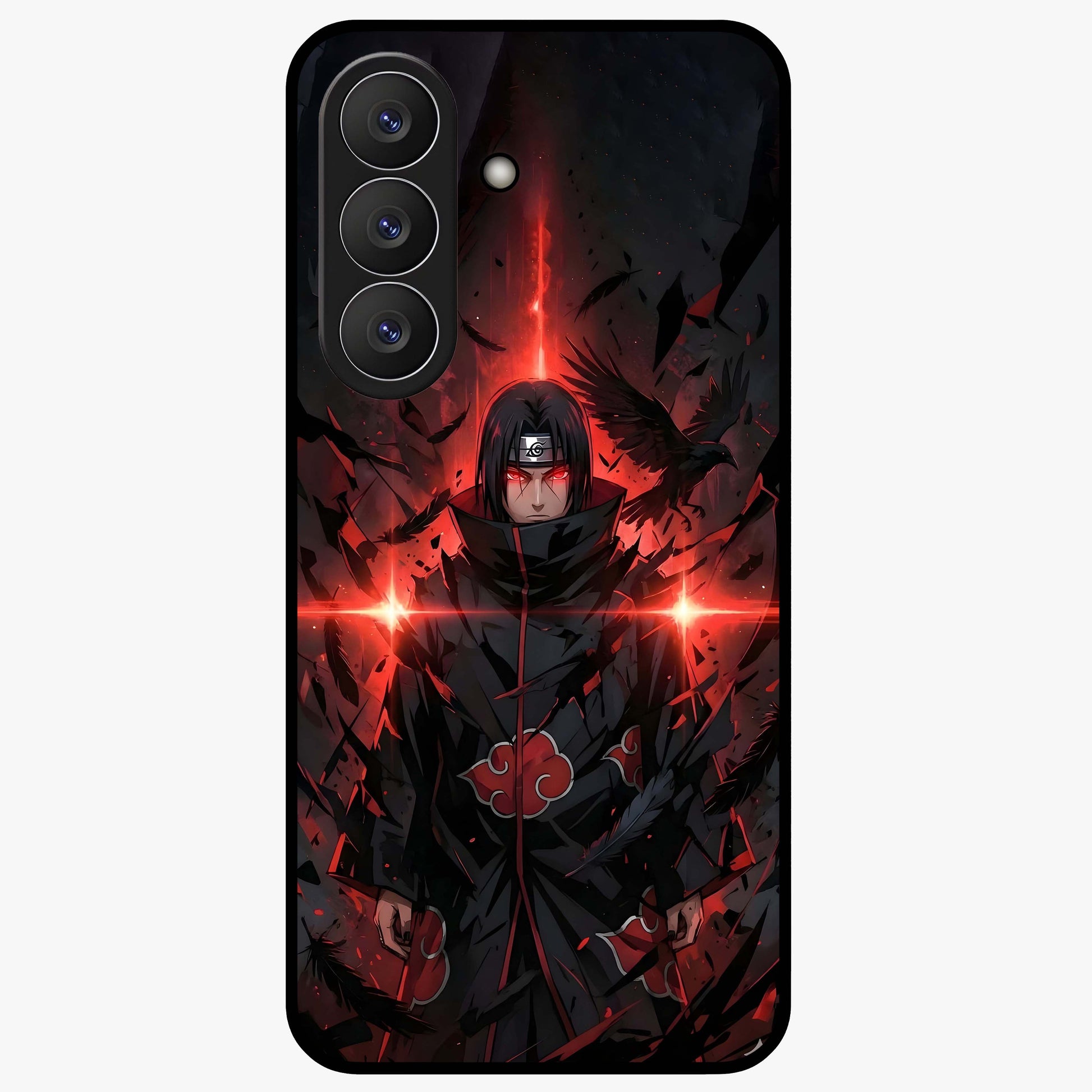 Focused Blade Discipline Glass Case showing flat back view with warrior sword themed artwork and glossy glass finish.