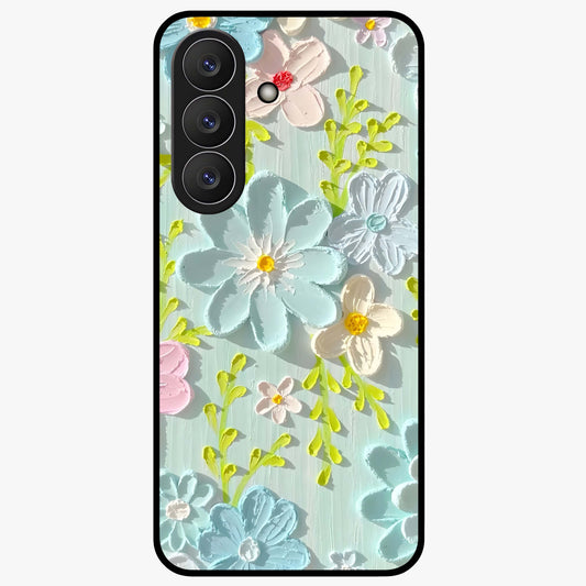 Frosted Petal Garden Glass Case showing flat back view with soft frosted floral artwork and glossy glass finish.