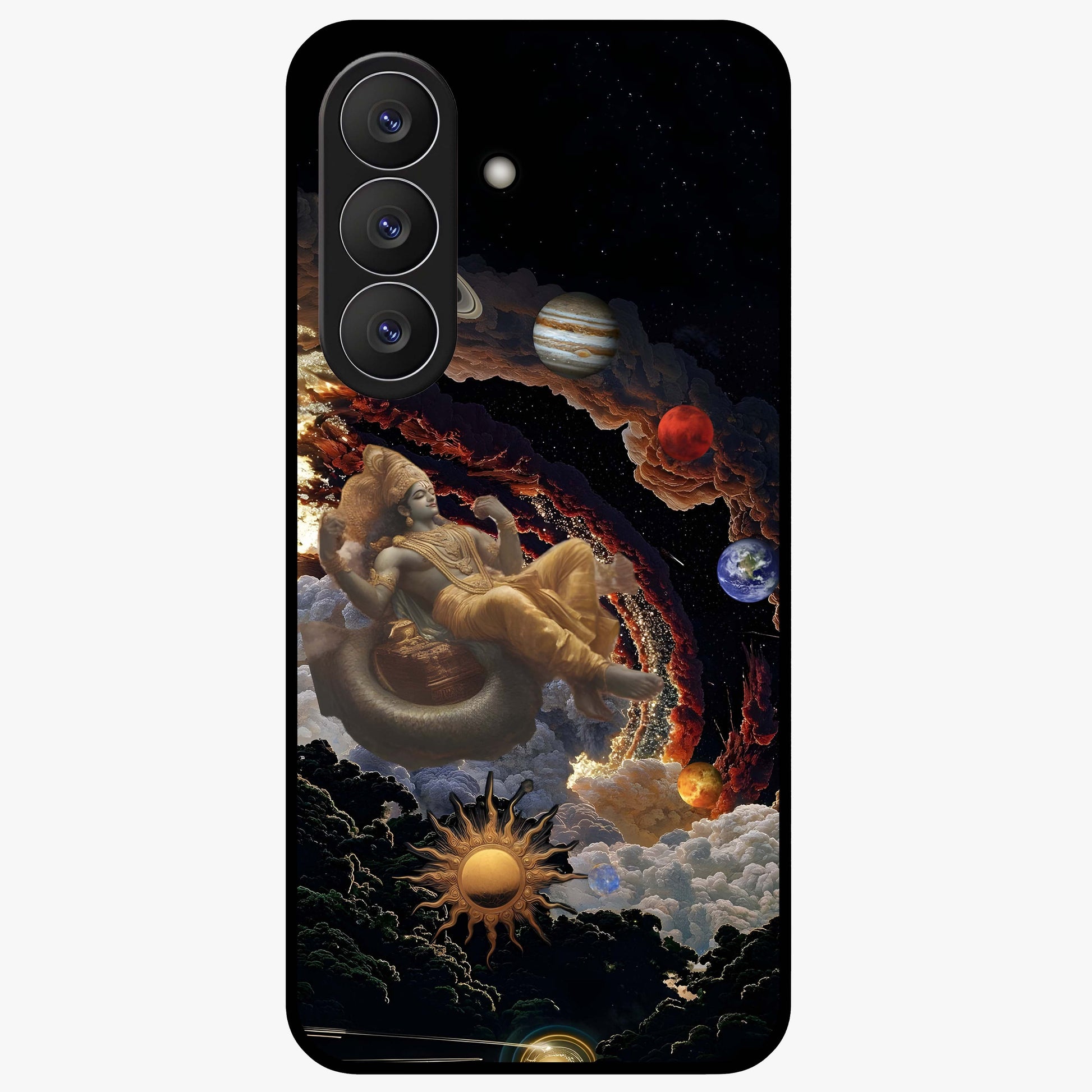 Galactic Divine God Glass Case showing flat back view with divine cosmic themed artwork and glossy glass finish.
