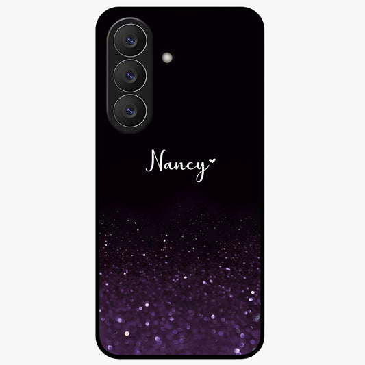 Glittery Purple Bokeh Custom Name Glass Case showing flat back view with purple bokeh sparkle artwork and personalized name design.