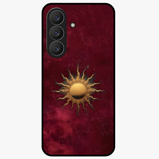 Golden Celestial Charm Glass Case showing flat back view with golden celestial charm artwork and glossy glass finish.