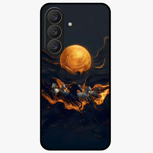 Golden Sun Majesty Glass Case showing flat back view with radiant golden sun artwork and glossy glass finish.