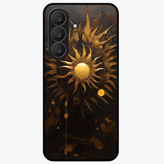 Golden Sun Minimalism Glass Case showing flat back view with minimal golden sun artwork and glossy glass finish.