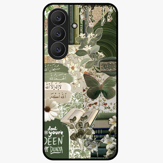 Green Islamic Books Quotes Glass Case showing flat back view with Islamic quotes and book themed artwork and glossy glass finish.