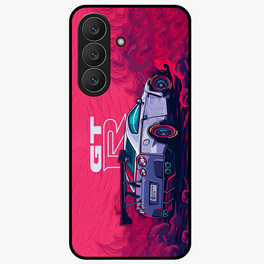 GT-R Car Pattern Glass Case showing flat back view with sporty car inspired pattern artwork and glossy glass finish.