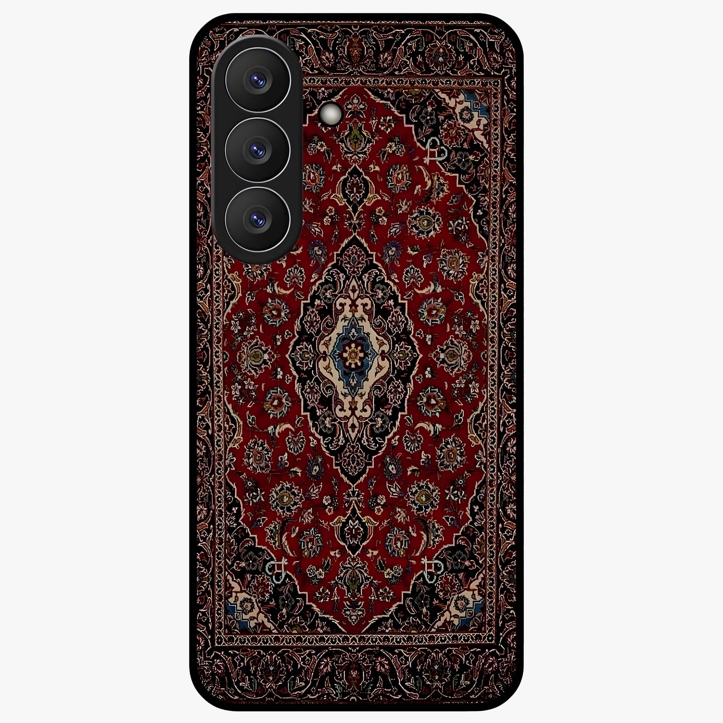 Heritage Carpet Royale Glass Case showing flat back view with ornate Persian carpet inspired pattern and glossy glass finish.