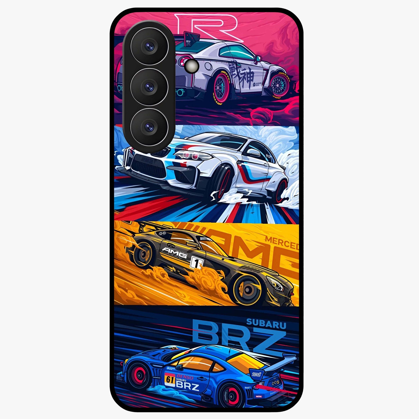 JDM Sports Car Glass Case showing flat back view with high performance sports car artwork and glossy glass finish.