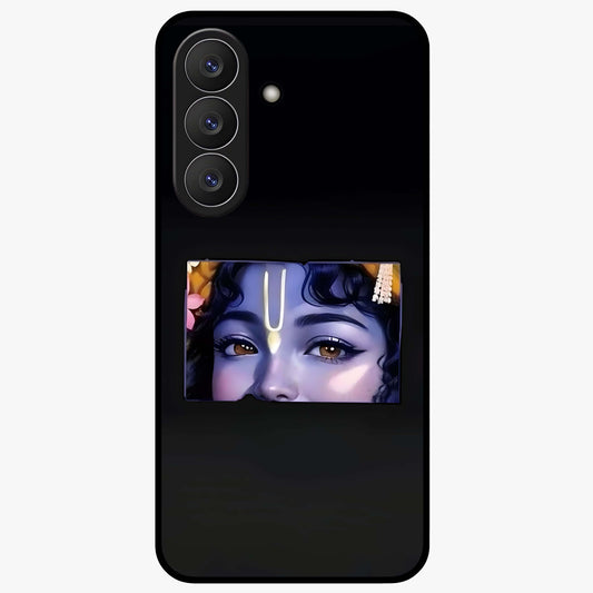 Krishna Divine Embrace Glass Case showing flat back view with Lord Krishna devotional artwork and glossy glass finish.