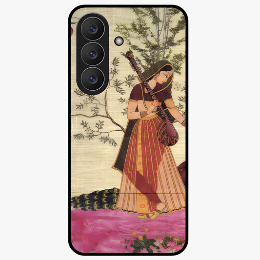 Lady With Veena Art Glass Case showing flat back view with elegant woman playing veena artwork and glossy glass finish.