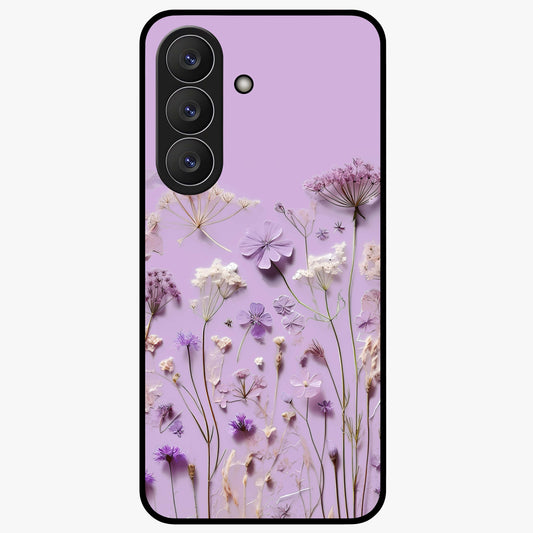 Lavender Blossom Dream Glass Case showing flat back view with soft lavender floral artwork and glossy glass finish.