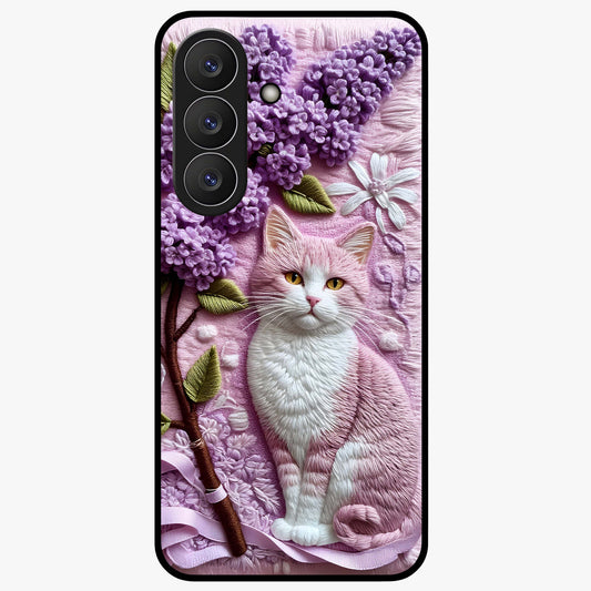 Lavender Cat Whimsy Glass Case showing flat back view with cute lavender cat artwork and glossy glass finish.