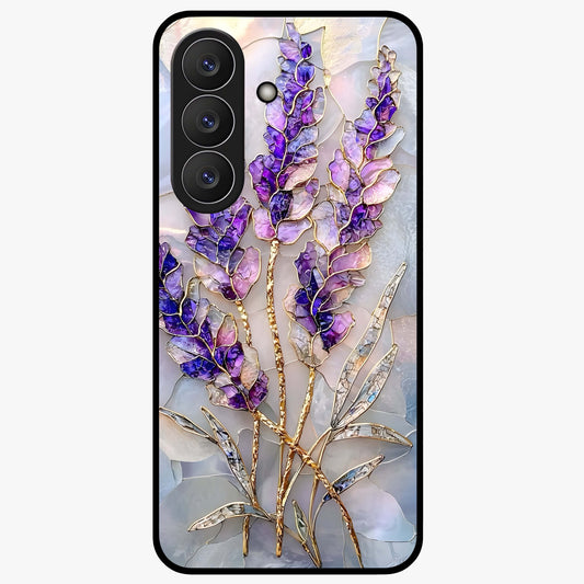 Lavender Dream Glow Glass Case showing flat back view with glowing lavender aesthetic artwork and glossy glass finish.