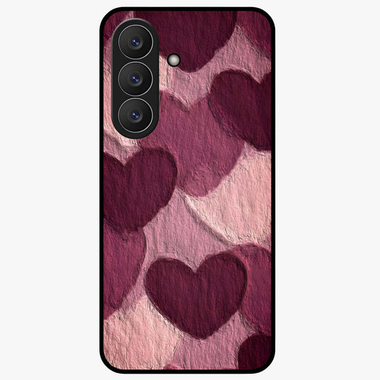 Layered Paper Hearts Glass Case showing flat back view with layered paper heart artwork and glossy glass finish.