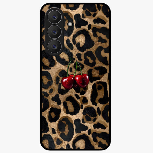 Leopard Wild Cherry Glass Case showing flat back view with leopard pattern and cherry artwork and glossy glass finish.
