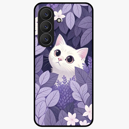 Lilac Hide Peek Cat Glass Case showing flat back view with cute peeking cat artwork and glossy glass finish.