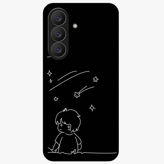 Line Art Boy With Shooting Stars Glass Case showing flat back view with minimal line art boy and shooting stars illustration and glossy glass finish.
