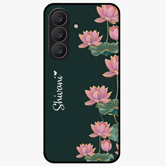 Lotus Bloom Serenity Custom Name Glass Case showing flat back view with elegant lotus flower artwork and personalized name design.