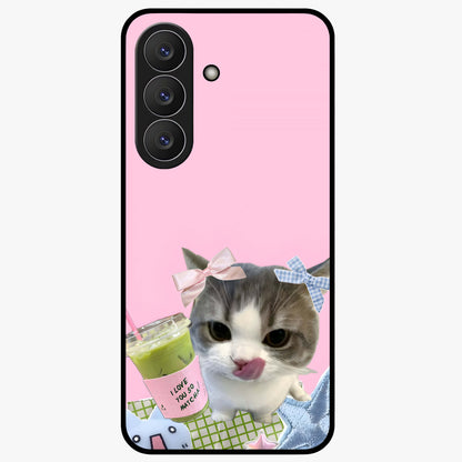 Love Matcha Cat Glass Case showing flat back view with cute cat and matcha themed artwork and glossy glass finish.