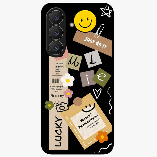 Lucky Aesthetic Collage Glass Case showing flat back view with trendy aesthetic collage artwork and glossy glass finish.