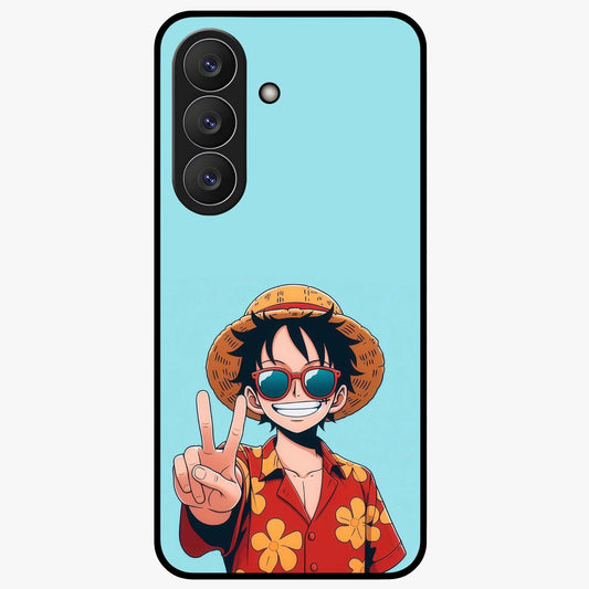 Luffy Summer Anime Vibe Glass Case showing flat back view with vibrant anime character artwork and glossy glass finish.