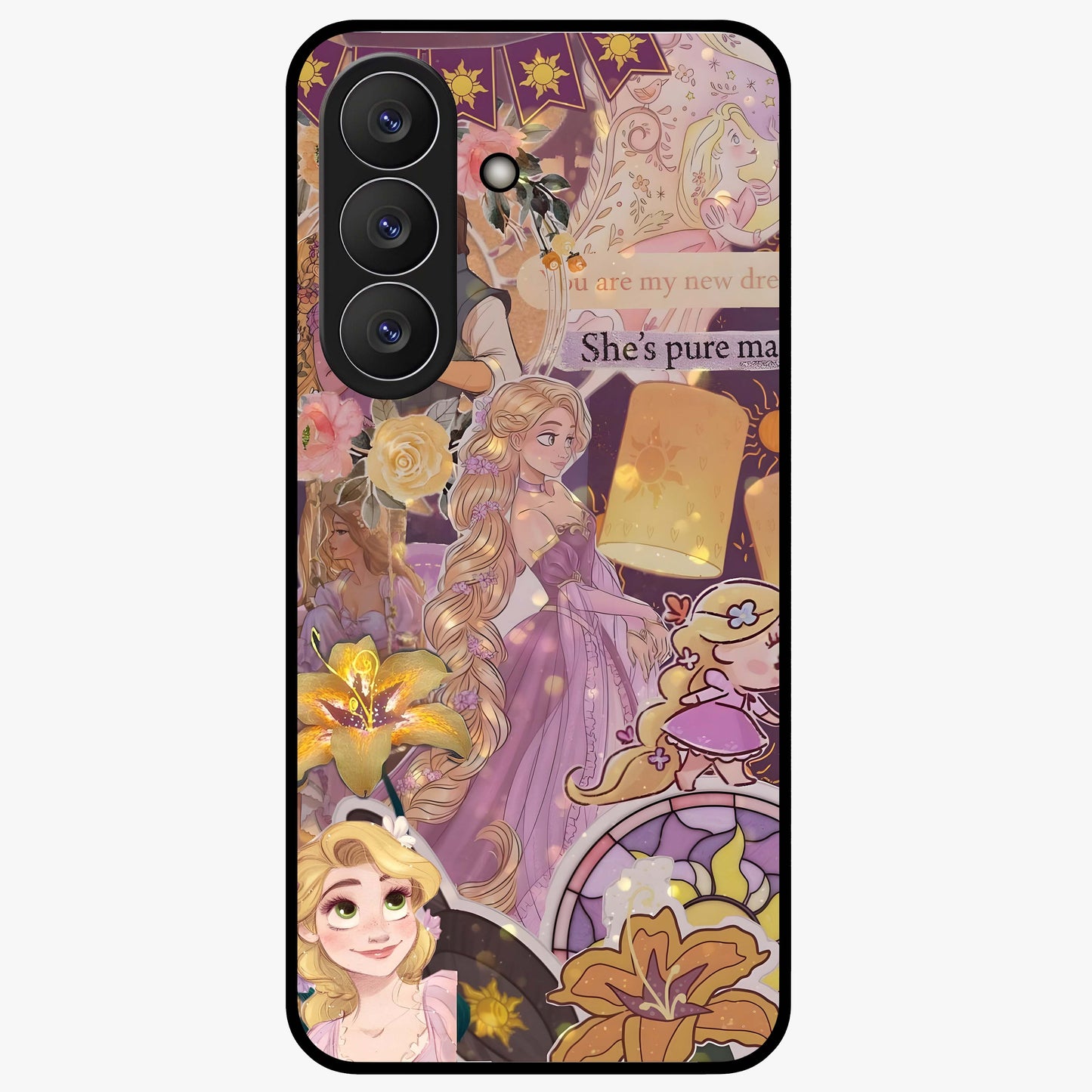 Magical Tangled Dream Glass Case showing flat back view with dreamy tangled artwork and glossy glass finish.