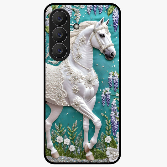 Majestic Floral Stallion Glass Case showing flat back view with powerful horse and floral artwork and glossy glass finish.