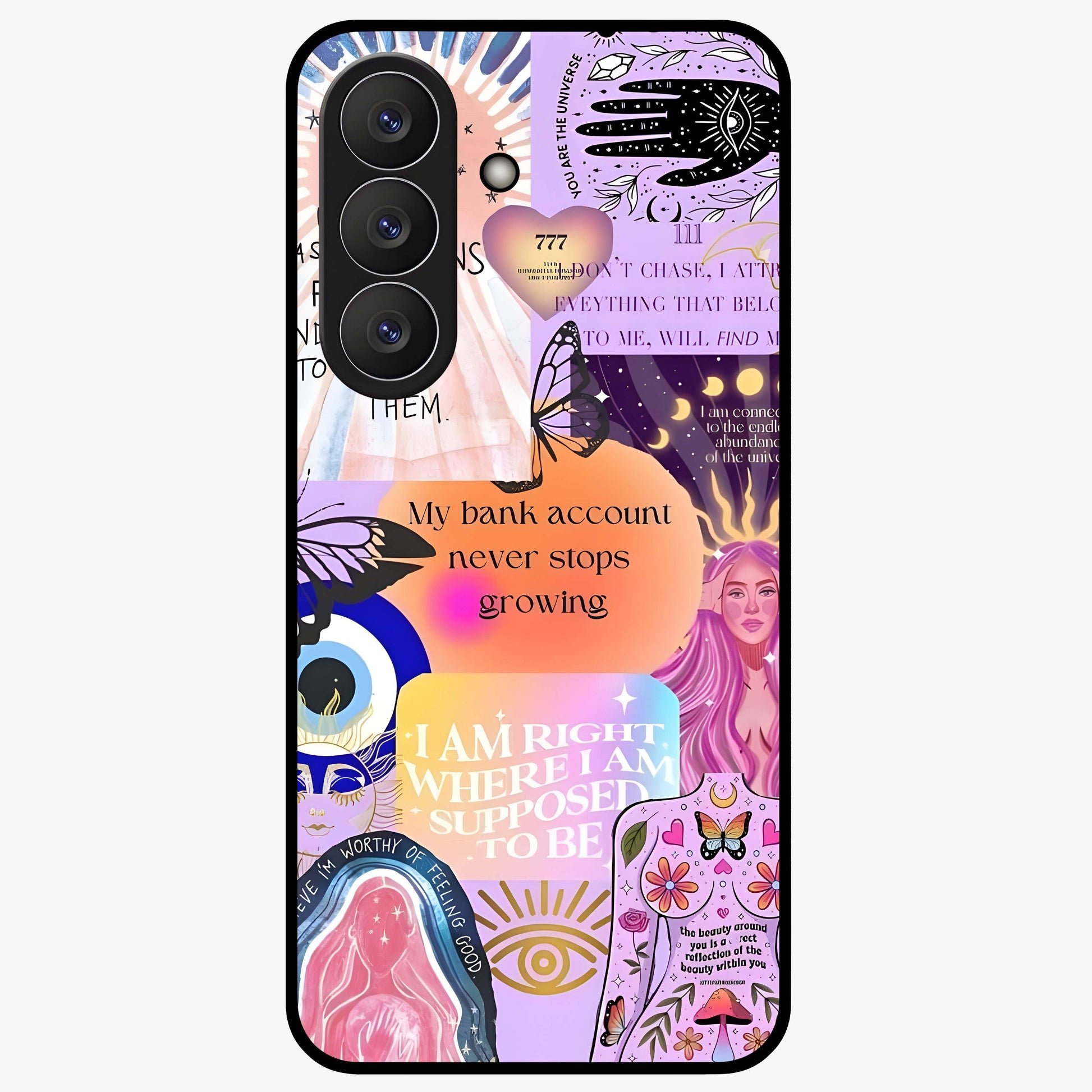 Manifestation Collage Glass Case showing flat back view with motivational collage artwork and glossy glass finish.