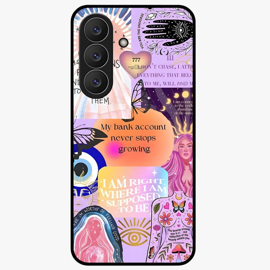 Manifestation Collage Glass Case showing flat back view with motivational collage artwork and glossy glass finish.