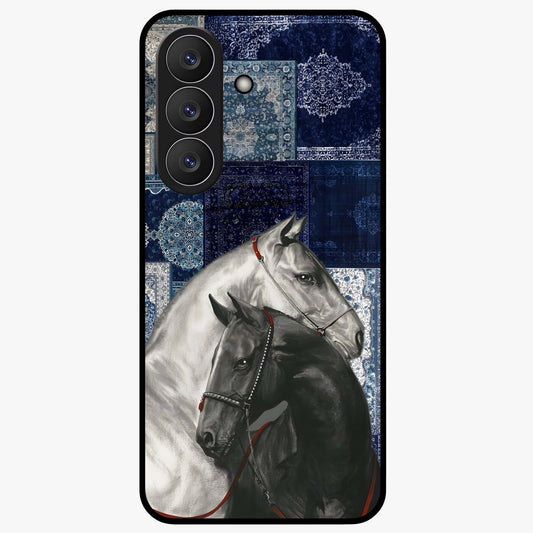 Midnight Stallion Blues Glass Case showing flat back view with majestic horse artwork and glossy glass finish.