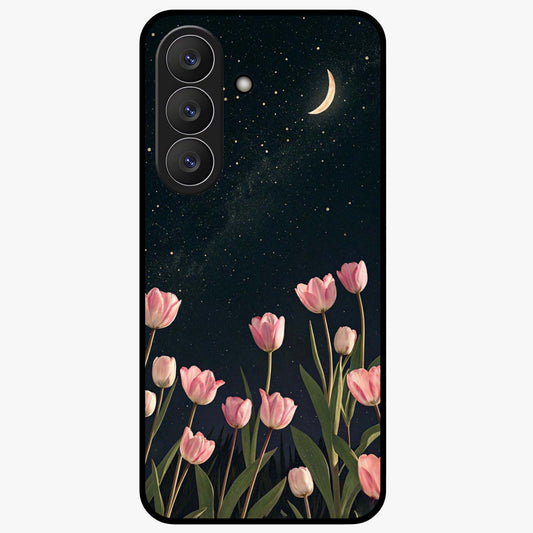 Midnight Tulip Whispers Vibe Glass Case showing flat back view with elegant tulip flower artwork and glossy glass finish.