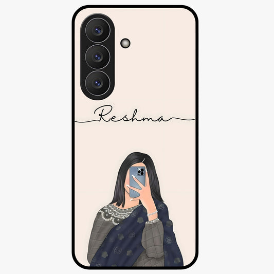 Mirror Mood Muse With Custom Name Glass Case showing flat back view with stylish mirrored artwork and personalized name design.