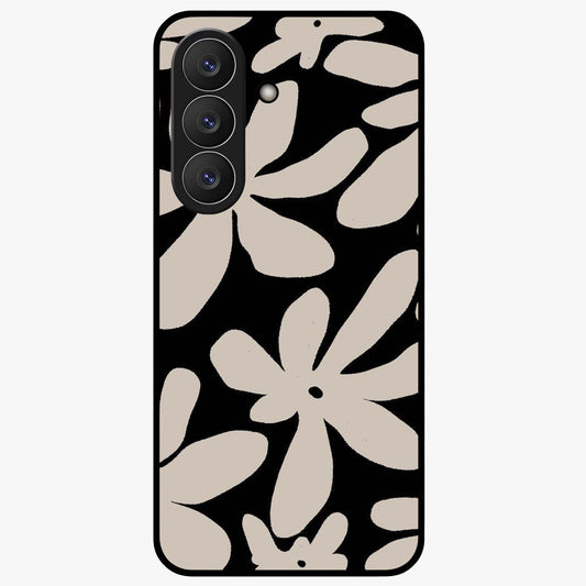 Monochrome Petal Dance Glass Case showing flat back view with monochrome floral artwork and glossy glass finish.