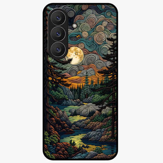 Moonlight Forest Dream Glass Case showing flat back view with mystical forest moonlight artwork and glossy glass finish.