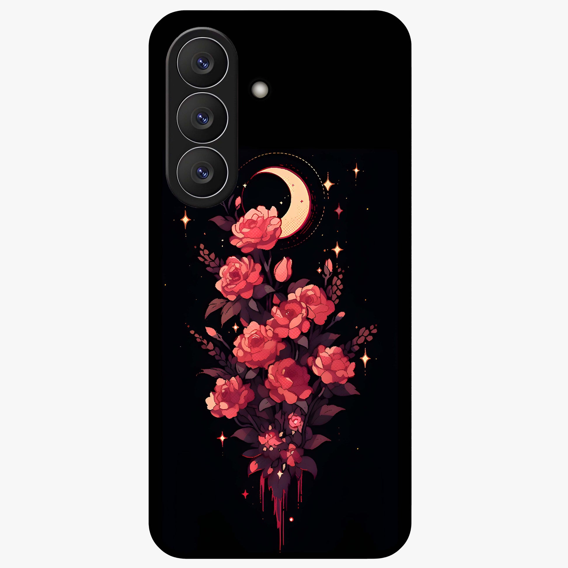 Moonlit Floral Elegance Glass Case showing flat back view with elegant floral artwork under moonlit tones and glossy glass finish.