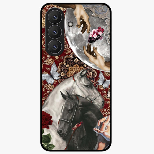 Moonlit Royal Stallion Glass Case showing flat back view with majestic horse under moonlight artwork and glossy glass finish.