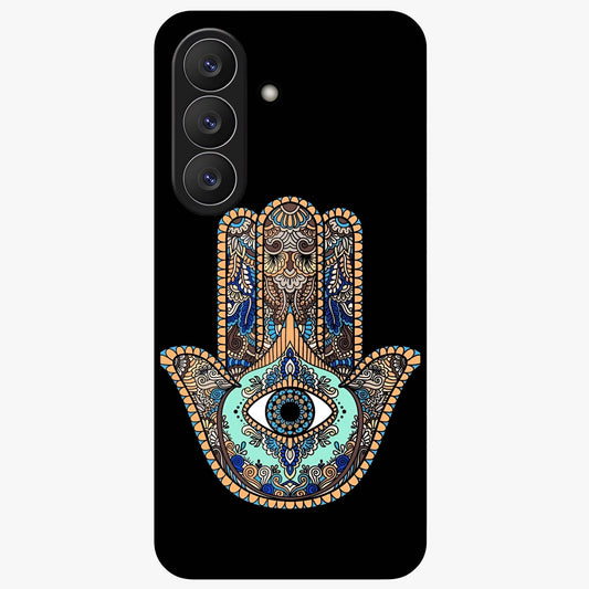 Mystic Hamsa Eye Glass Case showing flat back view with protective hamsa hand and evil eye artwork and glossy glass finish.