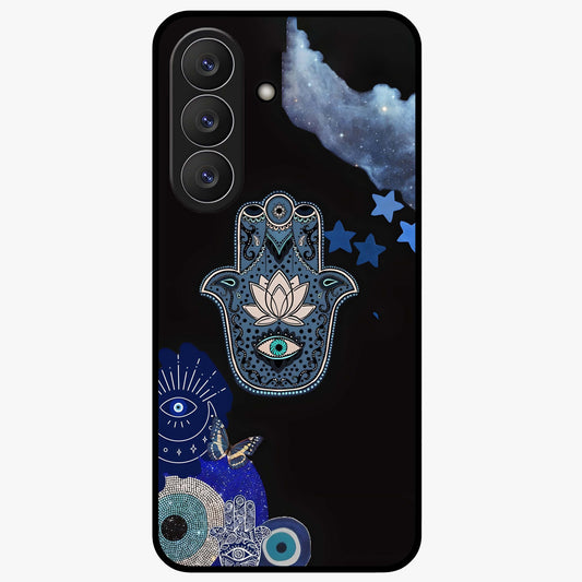 Mystic Hand Aura Glass Case showing flat back view with mystical hand symbol artwork and glossy glass finish.
